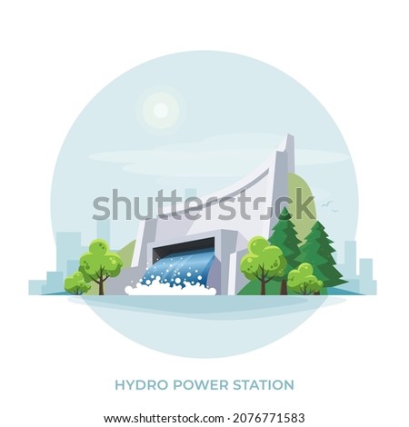 Hydroelectric clean power plant station factory. Renewable green sustainable hydropower energy generation with water flowing out reservoir dam. Isolated cartoon vector illustration on white background