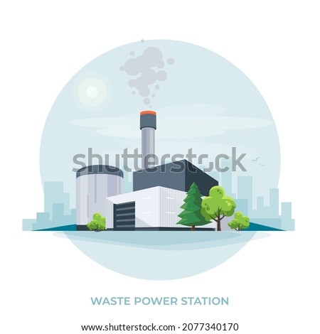 Waste-to-energy power plant station. Facility that combusts garbage to produce electricity. Modern trash-to-energy municipal waste incinerator factory generation. Isolated vector illustration on white Stockfoto © 