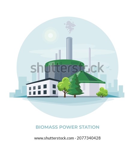 Biomass power plant station. Biofuel factory energy generation producing electricity or heat. Grown organic material energy generator. Isolated vector illustration on white background. Stockfoto © 