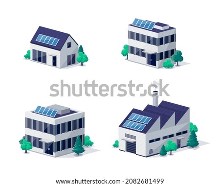 Commercial residential business buildings illustrations in dimetric isometric view in 3d cartoon style. Family house, work office and factory with solar panels. Isolated vector illustration on white.