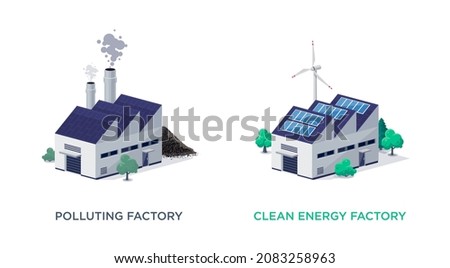 Polluting fossil thermal coal power plant factory and renewable sustainable clean energy manufacture.  Dirty manufacturing production vs solar panels and wind turbines. Isolated vector illustration. 