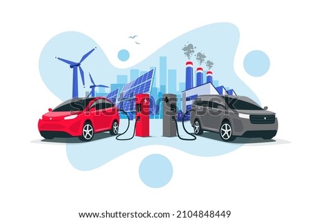 Comparing electric versus gasoline car. Electric car charging at charger vs. diesel vehicle refueling petrol gas station. Renewable clean solar wind energy with old dirty fossil coal power generation.