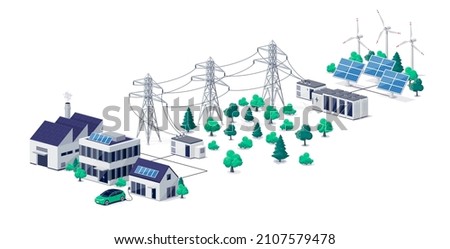 Renewable energy power distribution with house office factory buildings, solar panel plant station, wind and high voltage electricity grid pylons, electric transformer. Smart virtual battery storage. Imagine de stoc © 