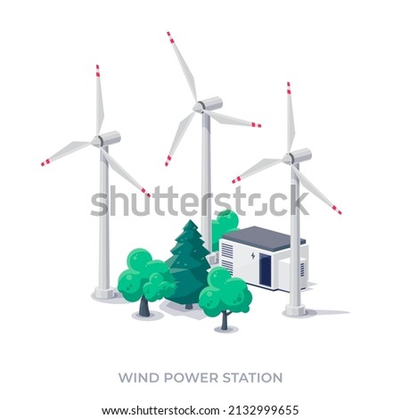 Wind turbines power plant station building factory icon. Renewable sustainable wind park energy generation. Isolated vector illustration of windmill farm on white background.