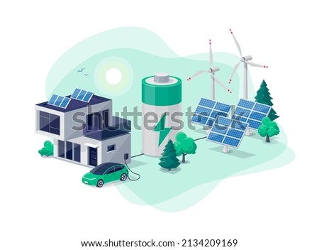 Home virtual battery energy storage with modern house photovoltaic solar panels plant, wind and rechargeable li-ion electricity backup. Electric car charging on renewable smart power off-grid system.