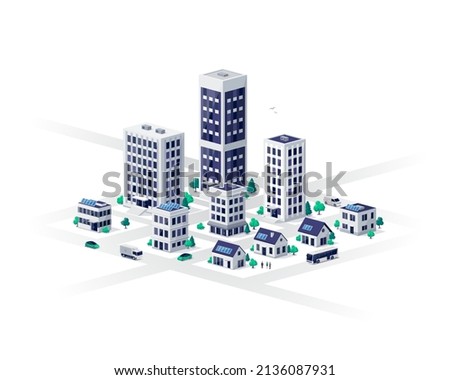 Smart modern city with commercial residential buildings illustrations. Family houses, work offices with solar panels. Business center skyscrapers and roads, cars. Isolated vector illustration on white