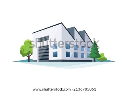 Simple general production industry factory exterior. Power station plant manufacture. Isolated vector illustration on white background. 