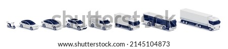 Modern cars fleet parking standing. Semi-truck, bus, truck, van, motorcycle scooter, business vehicle, sedan family car, suv, small passenger car. Vector object icons illustration on white background. Foto d'archivio © 