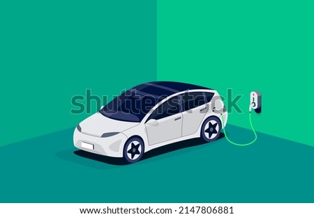 Electric car charging in underground garage plugged at home charger station. Battery EV vehicle standing parking lot connected to wall box. Close up vector being charged with power supply socket. 