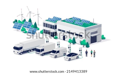 Company electric cars fleet charging on fast charger station at logistic centre. Cargo transport delivery utility vehicles semi truck, van, business recharging renewable solar wind electricity energy.