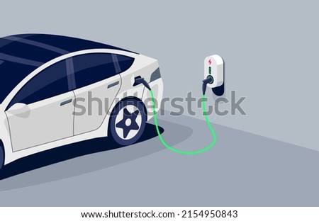 Electric car charging in underground garage plugged to home charger station. Battery EV vehicle standing parking lot connected to wall box. Vector illustration being charged with power supply socket. 