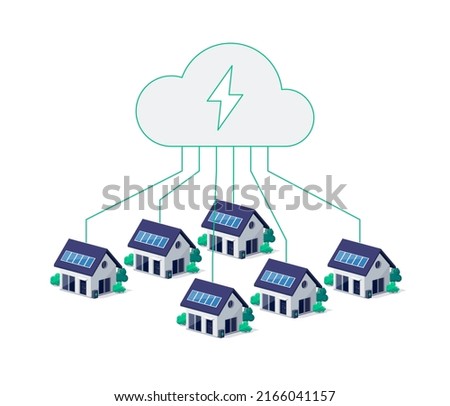 Home virtual power plant battery energy storage with residential house photovoltaic solar panels on roof and rechargeable li-ion electricity backup. Renewable smart cloud management off-grid system. 
