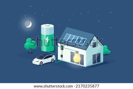 Home electricity scheme with battery energy storage system power modern house at night. photovoltaic solar panels and rechargeable li-ion backup. Electric car charging on renewable off-grid system.