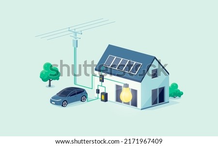 Home electricity scheme with battery energy storage system on modern house photovoltaic solar panels and rechargeable li-ion backup. Electric car charging on renewable smart power off-grid system.