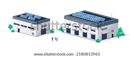 Warehouse logistic hall centre with doors for semi truck loading. Company business cargo transport delivery buildings. Renewable solar electricity energy on factory roof. Retail shipping distribution.