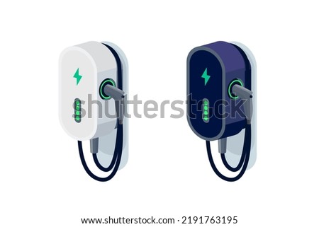 Electric car small home wall charger with cable. Fast smart intelligent wallbox ev charging station. Isolated vector illustration on white background. Power solution for electric battery vehicle.