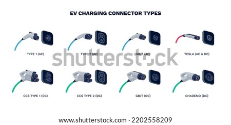 Charging plug connector types for electric cars. Home AC alternating or DC direct current fast speed charge. Male plug for different socket ports. Various modes of EV recharge power cables standard. Сток-фото © 