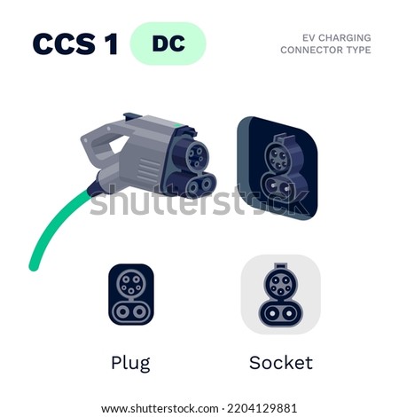 CCS Combo 1 standard charging connector plug and socket. Electric battery vehicle inlet charger detail. EV cable for DC power charge electricity. Isolated vector illustration on white background.