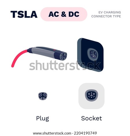 Tsla proprietary AC DC standard charging connector plug and socket. Electric battery vehicle inlet charger detail. EV cable power charge electricity. Isolated vector illustration on white background. Сток-фото © 