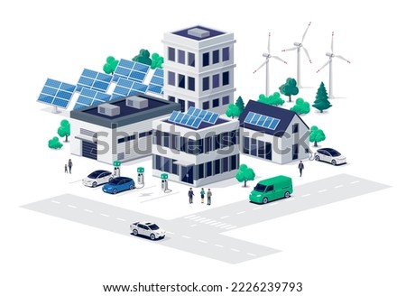 Sustainable city street road with residential downtown buildings and renewable solar wind power generation. Electric car charging near family house, work offices and business center on public station.