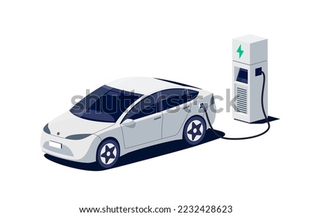 Modern electric sedan car charging parking at fast charger ev station with a plug in cable. Electrified battery vehicle transportation e-motion. Isolated flat vector illustration on white background. 