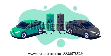 Comparing electric car versus gasoline diesel car suv. Electric vehicle charging at charger stand vs. fossil car refueling petrol gas station. Front isometric view. Isolated on white background.