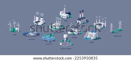 Electric energy power station plants. Sustainable generations. Mix of solar, water, fossil, wind, nuclear, coal, gas, biomass, geothermal, battery storage and grid lines. Renewable pollution resources