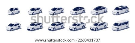 Modern passenger cars body types fleet. Micro mini, small, hatchback, business vehicle, sedan family car, crossover, cuv, suv, pickup, minivan, van. Isolated vector object icons on white background.
