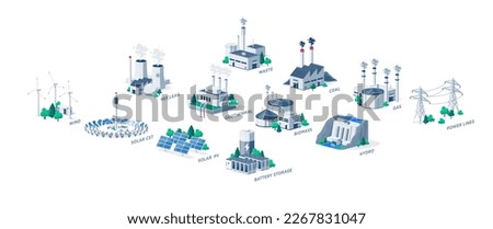 Electric energy power station plants. Sustainable generations. Mix of solar, water, fossil, wind, nuclear, coal, gas, biomass, geothermal, battery storage and grid lines. Renewables isolated on white.