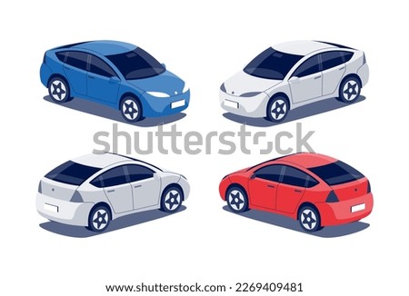 Modern passenger crossover car. Midle size hatchback business vehicle, cuv family car, crossover, suv. Isolated vector red and blue object icons on white background in isometric dimetric style.
