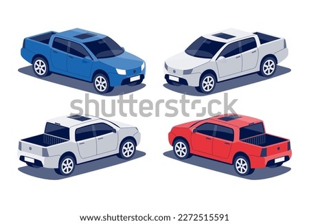 Modern off-road pickup truck car. 4-door midle size work utility suv vehicle. Generic 4x4 double cab pick-up. Isolated vector red and blue object icon on white background in isometric dimetric style.