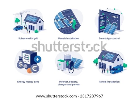 Solar panels money savings installation on family house with grid and car charging. Home renewable energy battery storage with smartphone app control and electric power meter. Vector illustration set.
