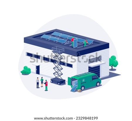 Solar panels installation on industry logistics center building flat roof. Construction technician workers connecting the renewable energy system. Clean electricity production. Vector illustration.
