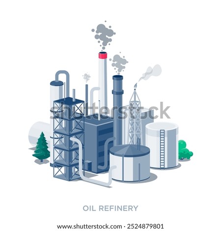 Crude oil refinery power plant station with tank facility aerial isometric view. Factory producing gas, diesel, petroleum burning fossil fuel and emissions. Flat isolated vector illustration on white.