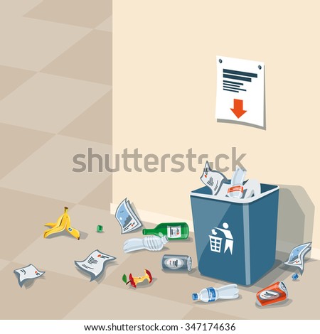 Illustration of littering waste that have been disposed improperly at an inappropriate location around the dust bin near wall in interior. Garbage can is full of trash. Trash is fallen on the ground.