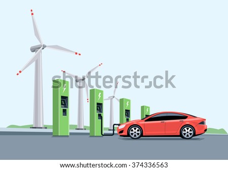 Flat vector illustration of a red electric car charging at the charger station in front of the windmills. Electromobility e-motion concept. 