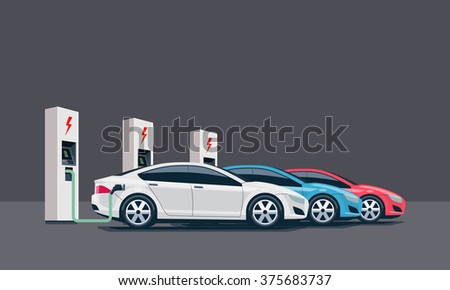 Flat vector illustration of three electric cars charging at the white charger station. Electromobility e-motion concept. Three electric battery chargers.
