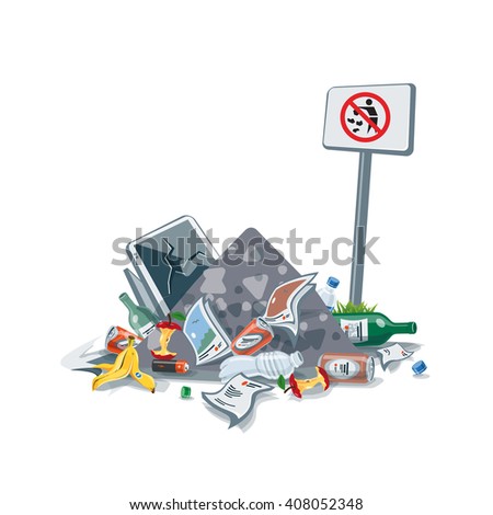 Vector illustration of littering garbage waste pile disposed improperly at an inappropriate location with No littering sign board. Trash is fallen on the ground creating big messy stack. 