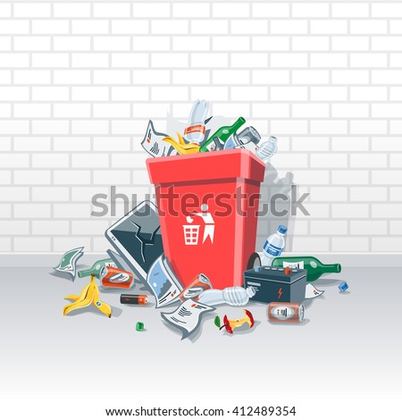 Vector illustration of littering garbage disposed improperly around the red plastic trash dust bin on the street in front of a wall. Messy waste is on the ground because the garbage can is full.