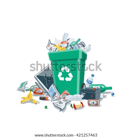 Littering waste that have been disposed improperly around the green plastic dust bin. Isolated vector illustration on white background. Garbage can is full. Trash is fallen on the ground.