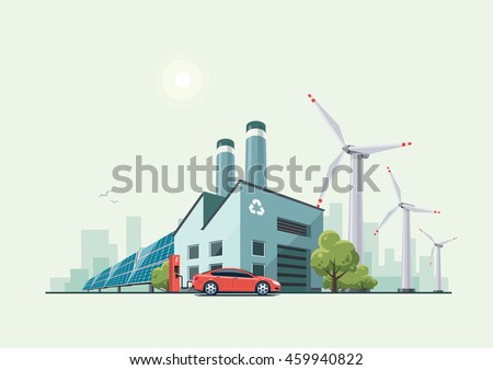 Vector illustration of modern green eco factory building with green trees and electric car charging in front of the manufacture in cartoon style. Solar panels and wind turbines in the background. 