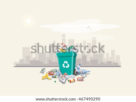 Vector illustration of littering waste disposed around the dust bin on street with city skyline in the background. Garbage can full of overflowing trash. Trash is fallen on the ground, cartoon style.