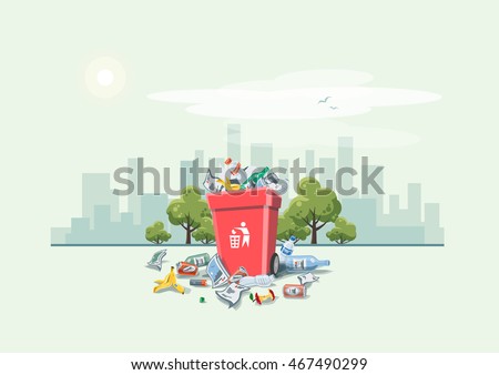 Vector illustration of littering waste disposed improperly around the red dust bin on street with city skyline. Garbage can full of overflowing trash. Trash is fallen on the ground, cartoon style.