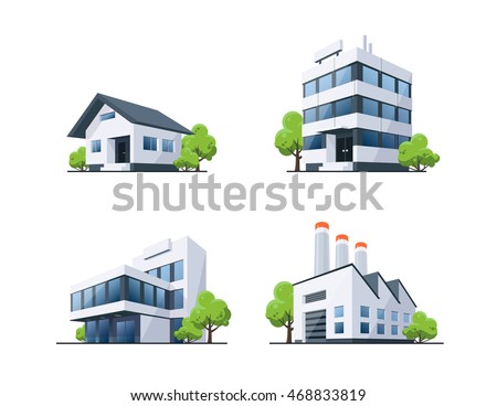 Four vector buildings illustrations in perspective view with green trees in cartoon style. Family house, work office and factory building.