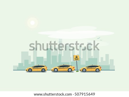 Vector illustration of yellow taxi cars parking along the city street in cartoon style. Hatchback, station wagon and sedan standing in a row with taxi pickup point sign. 
