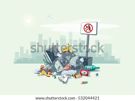 Vector illustration of littering waste pile disposed on the street exterior with city skyscrapers skyline in the background. Trash is fallen on the ground and creates a big stack, cartoon style.