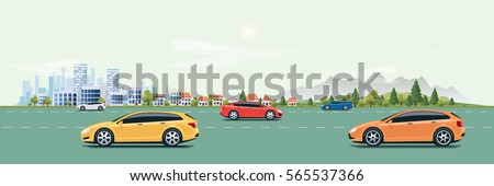 Flat vector cartoon style illustration of urban landscape street with cars, skyline city office buildings, family houses in small town and mountain with green trees in background. Cars on the road. 