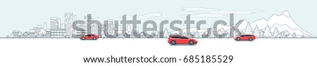 Flat vector outline style illustration of urban landscape street with cars, skyline city office buildings, family houses in small town and mountain in background. Traffic on the road. Wide panorama. 