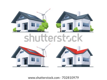 Four home buildings in perspective view. Family off-grid self sustainable roof house with solar panels and wind turbines. Vector illustration in cartoon style isolated on white background.
