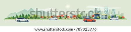 Flat vector cartoon style illustration of urban landscape road with cars, skyline city office buildings and family houses in small town village in backround with forest and mountain. Traffic on the st Сток-фото © 